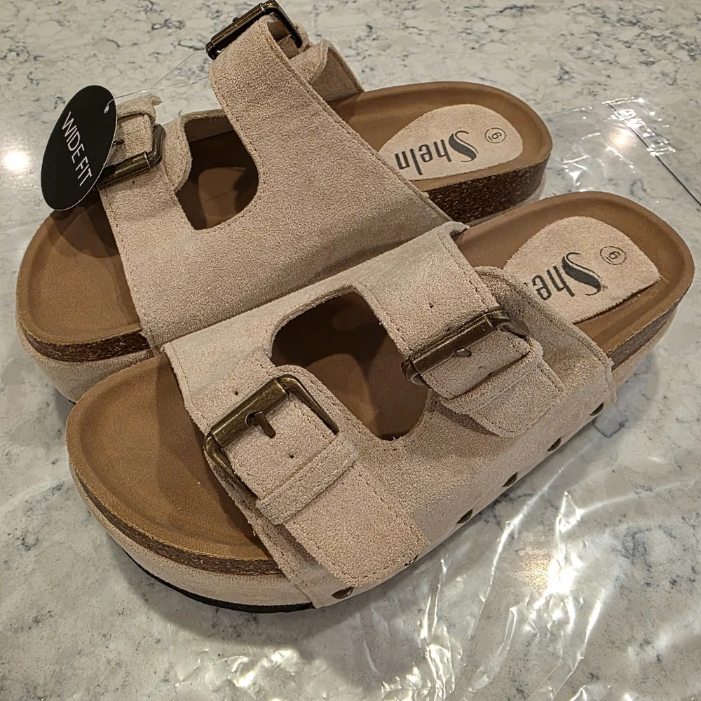 Sheln Women's Wide Fit Open Toe Double Buckle Cork Footbed Slide Sandals 6 WIDE